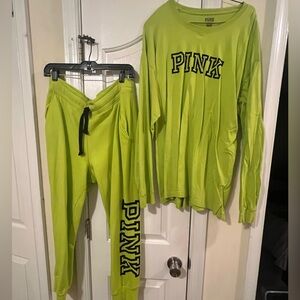 Neon green Pink brand joggers and matching long sleeve T